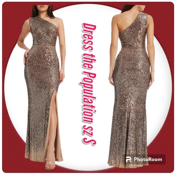 Dress the Population Bronze All Sequin Fitted One-Shoulder Side Slit Maxi Dress - Picture 1 of 15